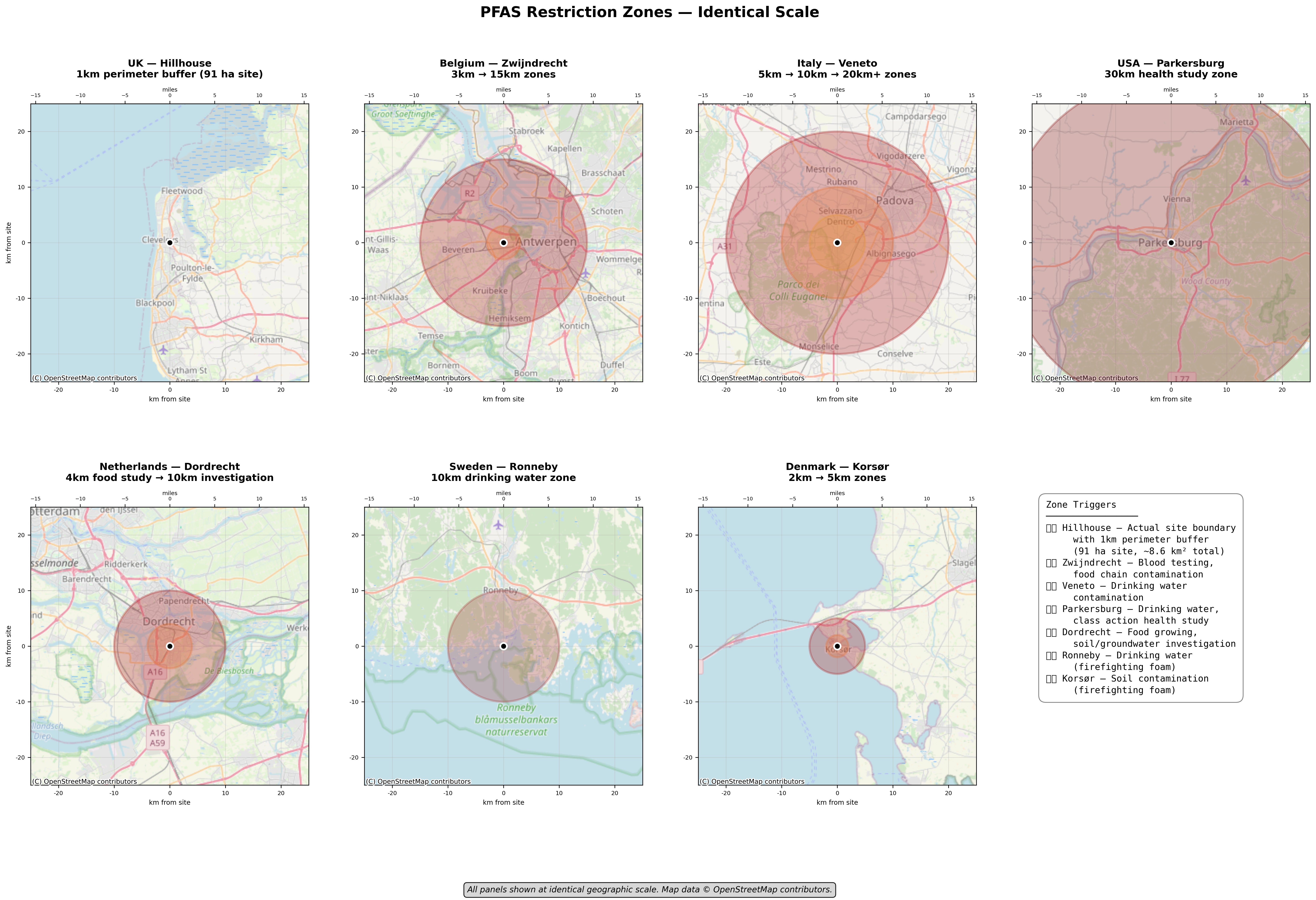 PFAS restriction zones at seven international sites shown at identical geographic scale — the UK's 1km perimeter buffer around the 91-hectare Hillhouse estate compared with responses at sites in Belgium, Italy, USA, Netherlands, Sweden and Denmark